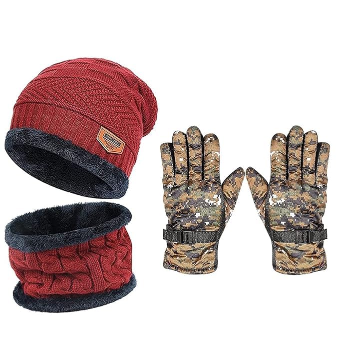 GLAMBIZ Winter Neck Set Warmer Scarf and Woolen Gloves Set,Skull Boldfit Winter Cap Set