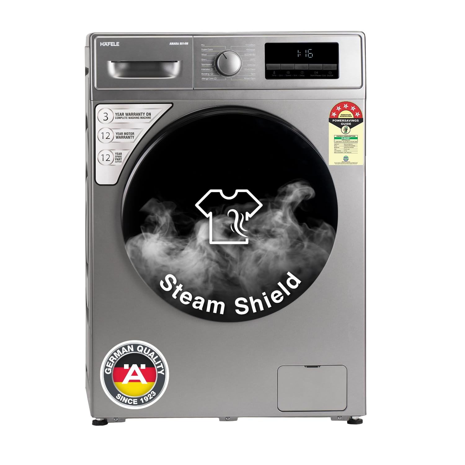 HAFELE AMARA 8 kg 5 Star, Premium Fully Automatic Front-Load Whirlpool 8 Kg 5 Star Inverter Front Load Washing Machine with Steam