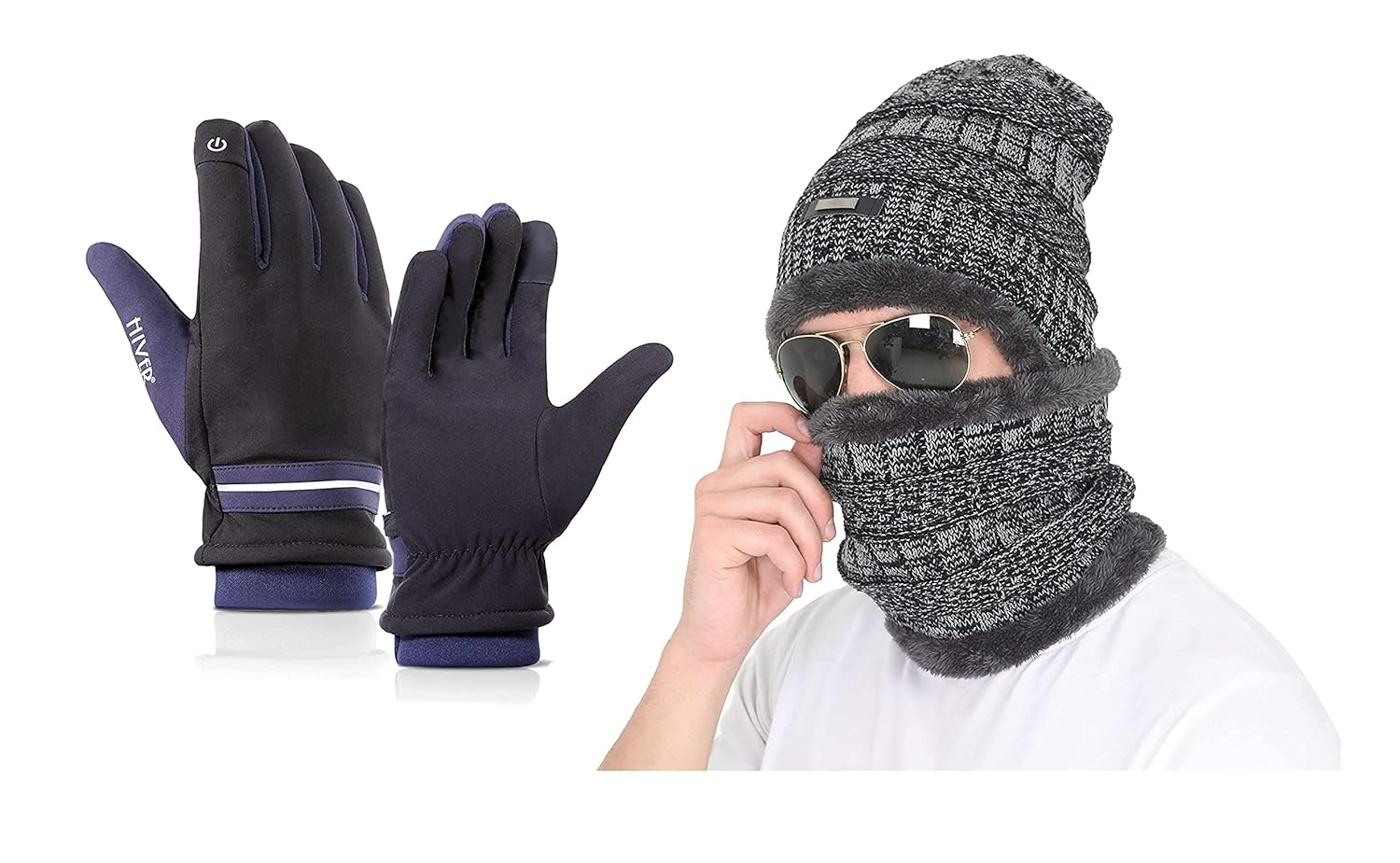 HIVER Combo of Winter Knit Beanie Cap Hat Neck Warmer Boldfit Winter Gloves Touch-Screen Friendly