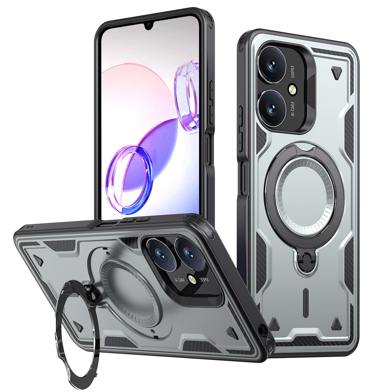 Mobirush Polycarbonate Bumper Ring Holder Rotate Stand Case for Redmi Redmi 13C 5G