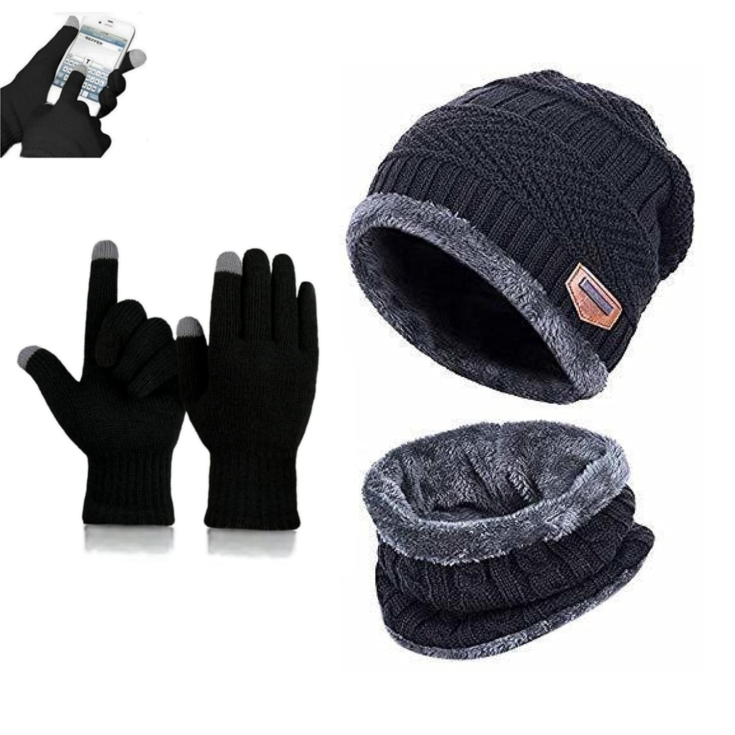 Winter Woolen Beanie Cap Scarf (Soft Fur Inside) and Touch Boldfit Winter Cap Set