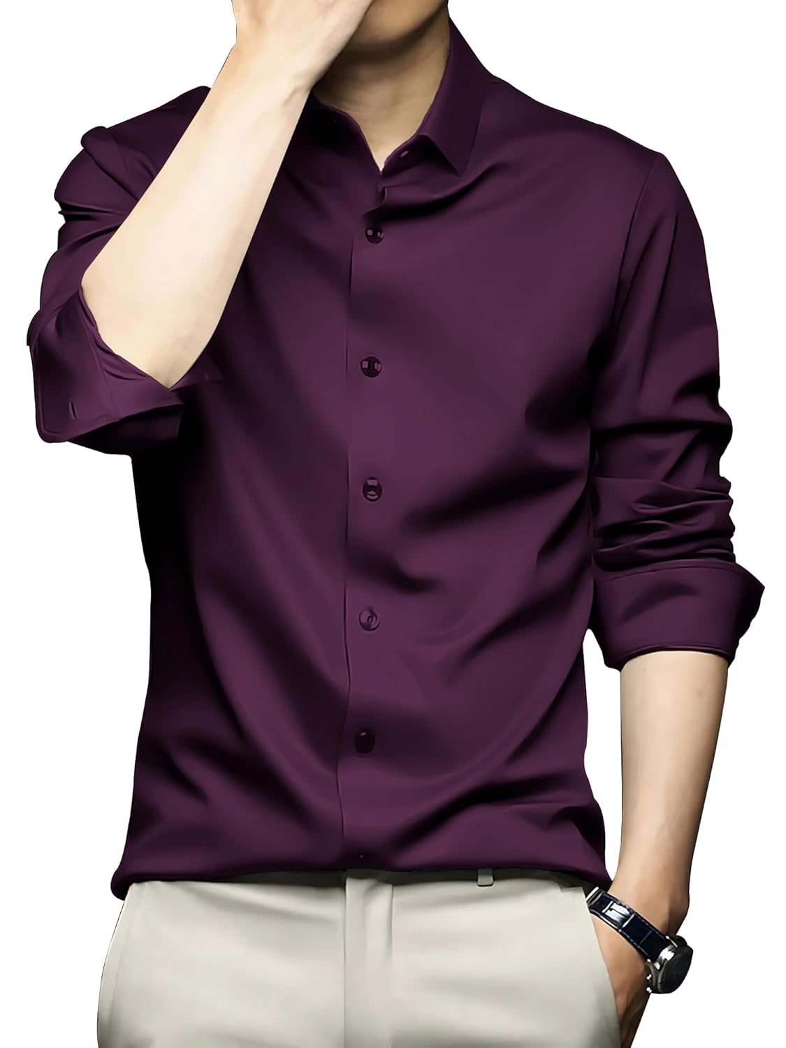 CVC Mens Satin Regular Fit Formal Shirt. Wine Purple-M CVC Men’s Poly Satin Silk Full Sleeve Shirt