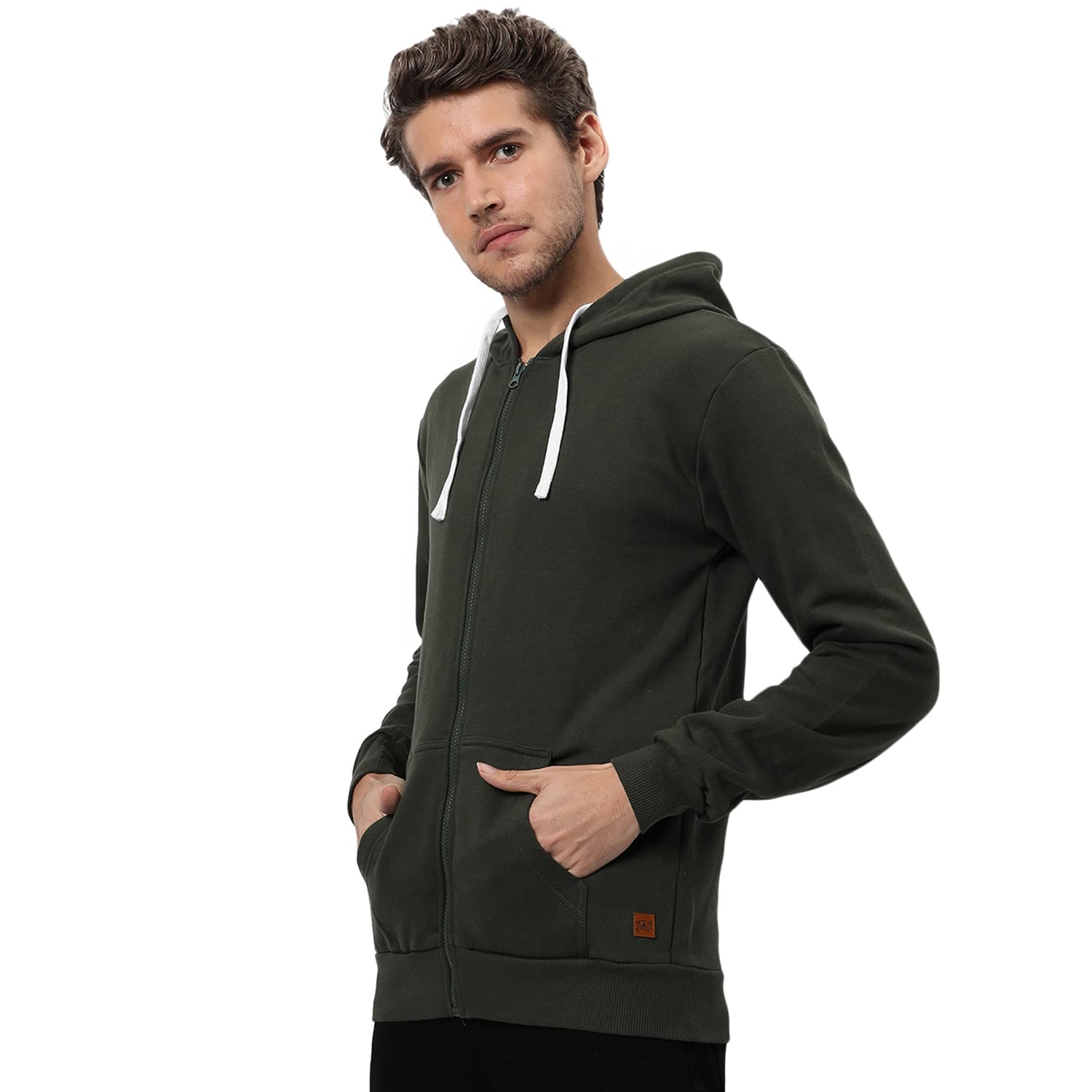 Campus Sutra Men's Dark Blue Zip-Front Hoodie with Contrast Drawstring AWG All Weather Gear Hoodies for Men