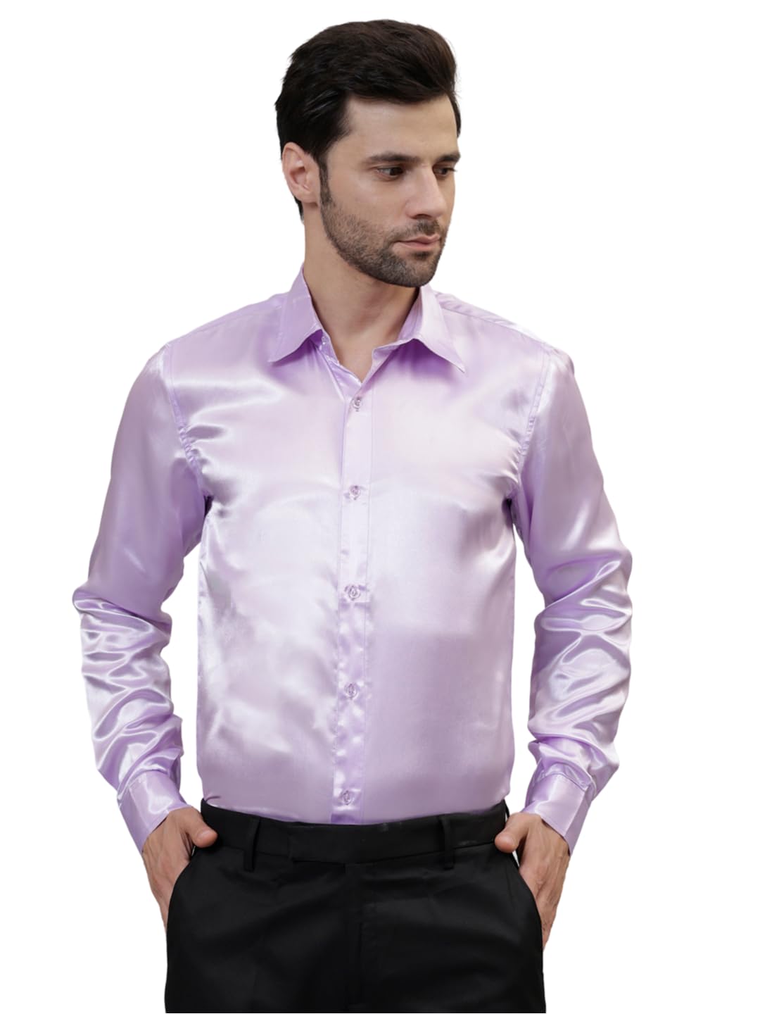 Frolic Rolic Mens Lavender Satin Solid Full Sleeves Spread Collar CVC Men’s Poly Satin Silk Full Sleeve Shirt